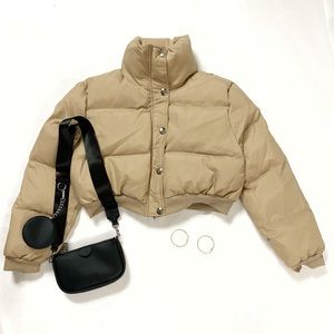Beige Zipped Placket Puffer Jacket